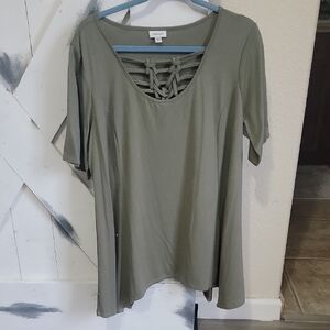 Avenue Sage Short Sleeve Top with Lattice Neckline